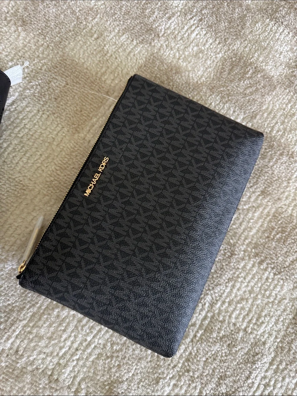 Michael Kors Women’s Black Logo Tote 3-Piece Set Zip Gold Hardware Pouch Strap